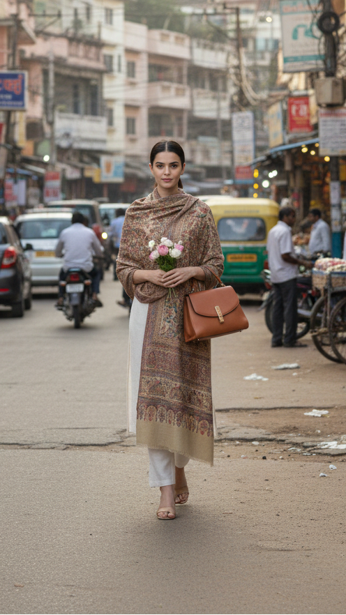 Woman walking on a busy street in an urban area