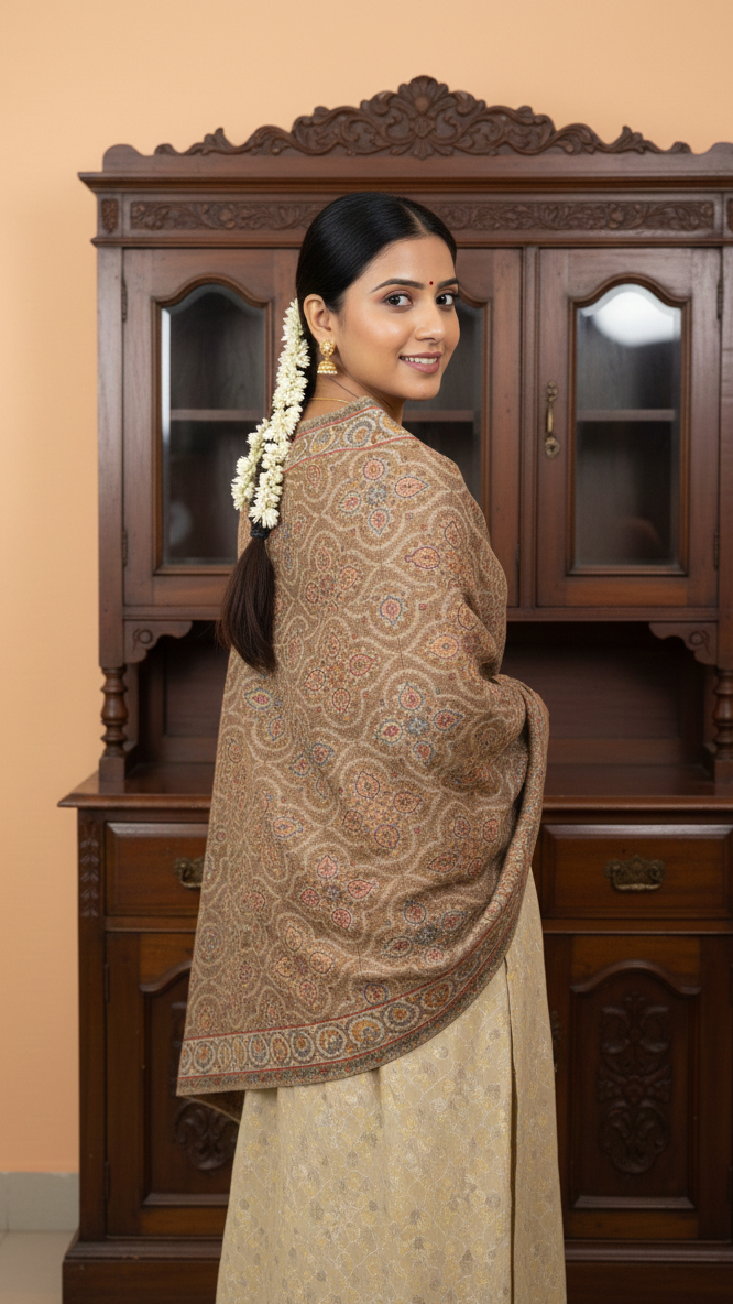 Woman in a traditional outfit standing in front of a wooden cabinet.