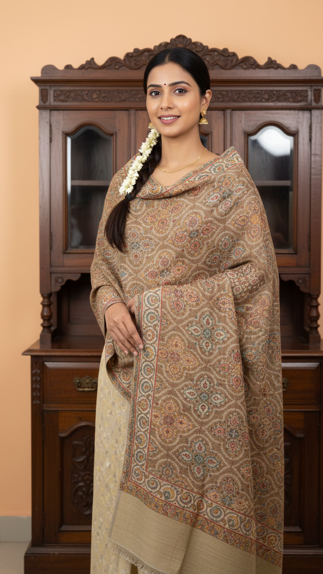 Woman wearing a patterned shawl in front of a wooden cabinet