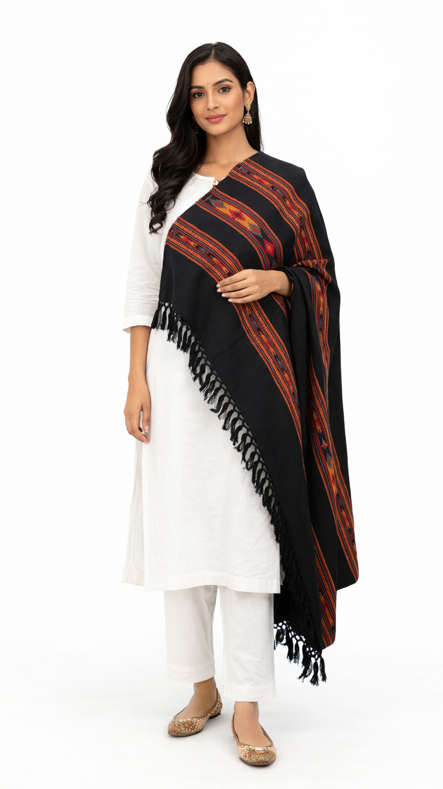 Woman wearing a black and red patterned scarf on a white background