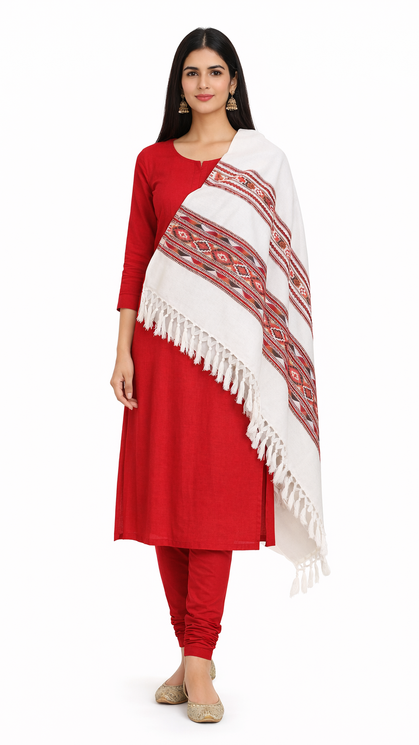 Woman wearing a red and white traditional outfit with a patterned shawl on a white background