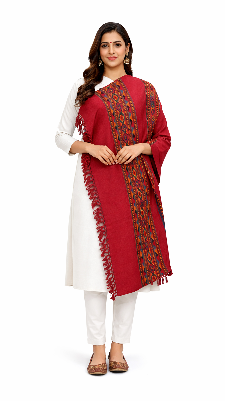 Woman wearing a red patterned scarf over a white outfit on a white background