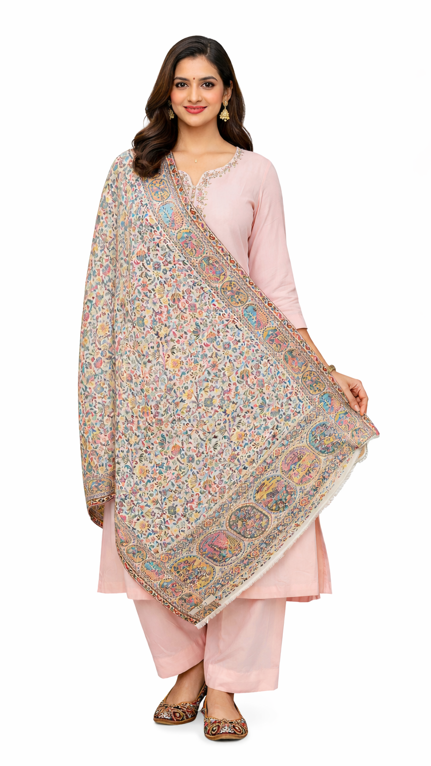 Woman holding a patterned dupatta over her shoulder against a white background