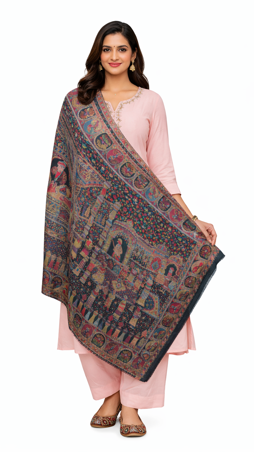 Woman holding a patterned scarf against a white background