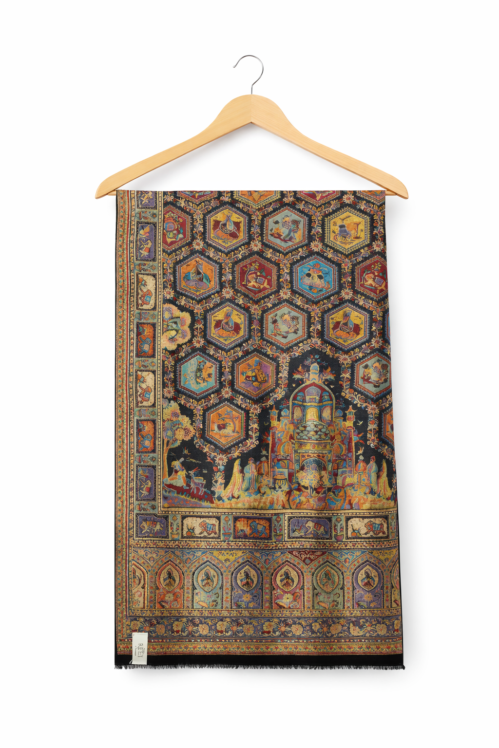 Decorative tapestry with intricate patterns hanging on a wooden hanger against a white background