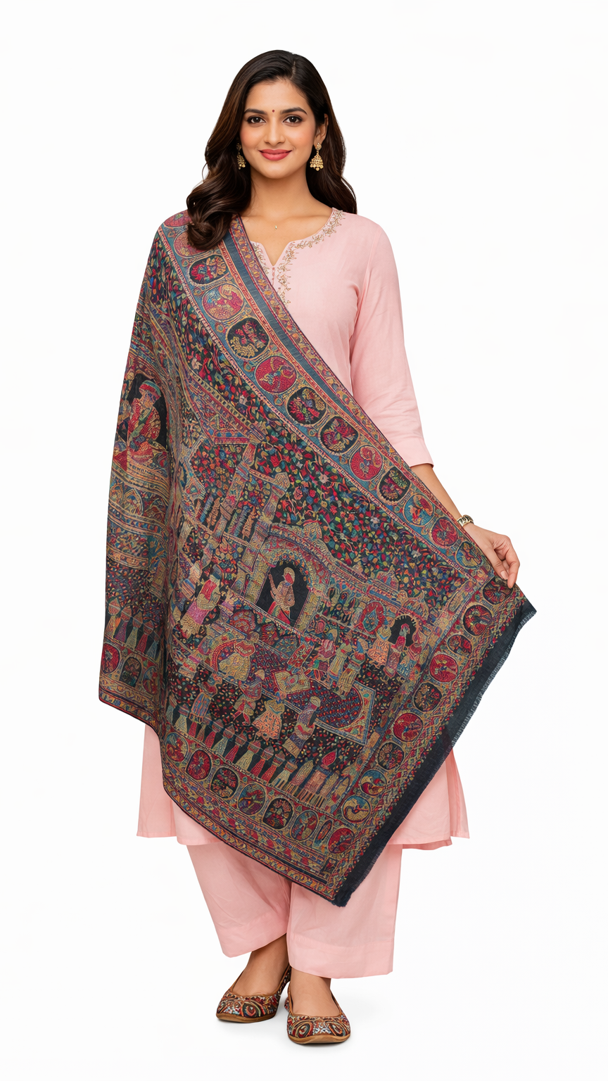 Woman holding a patterned scarf against a white background