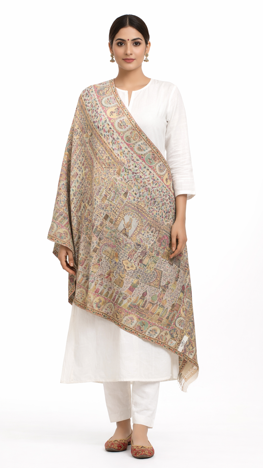 Woman wearing a patterned shawl over a white outfit on a white background