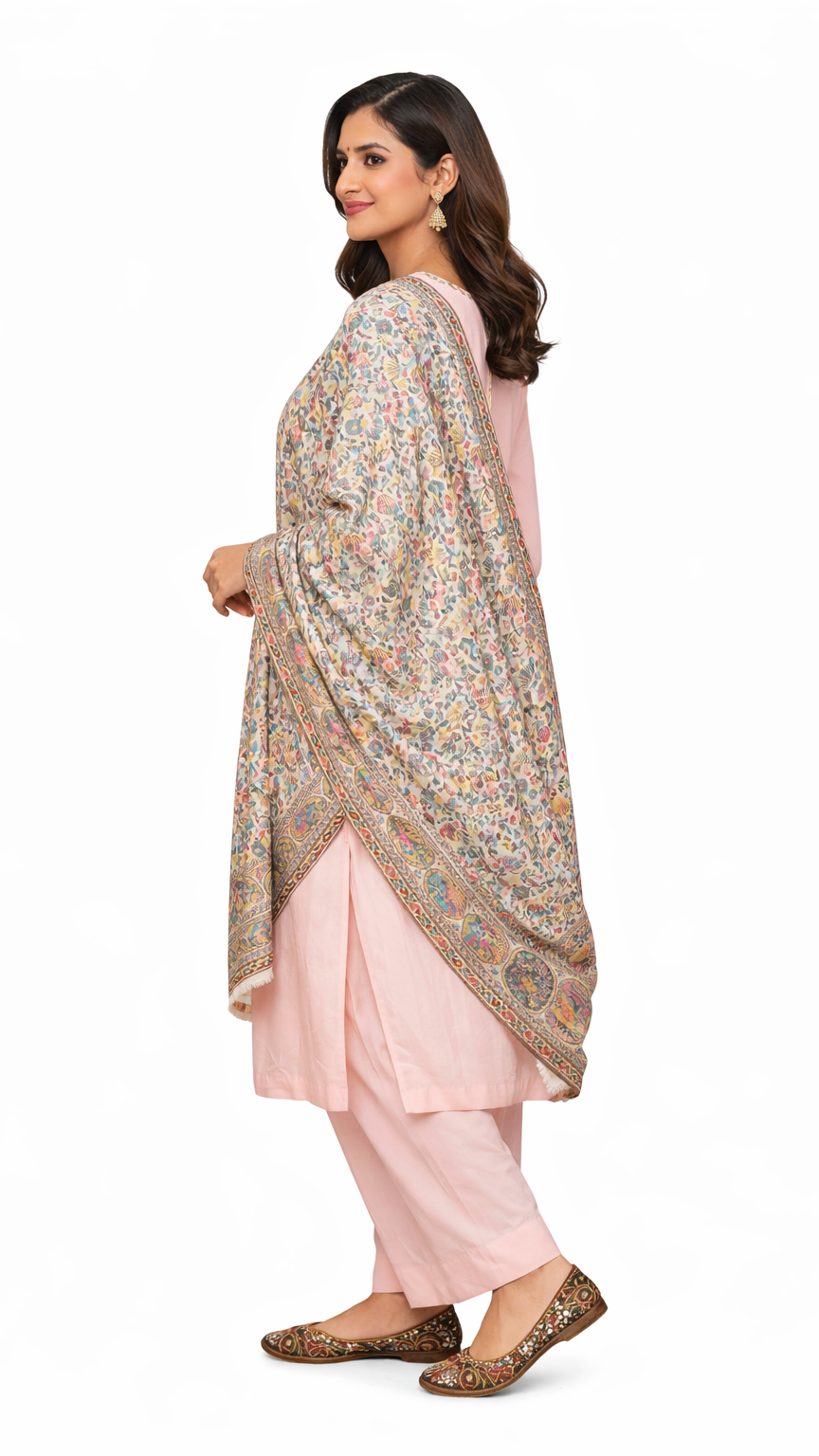 Woman wearing a floral dupatta over a pink outfit on a white background