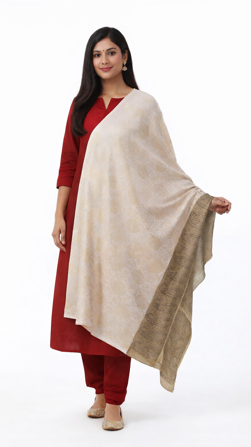 Woman wearing a red outfit with a beige shawl on a white background