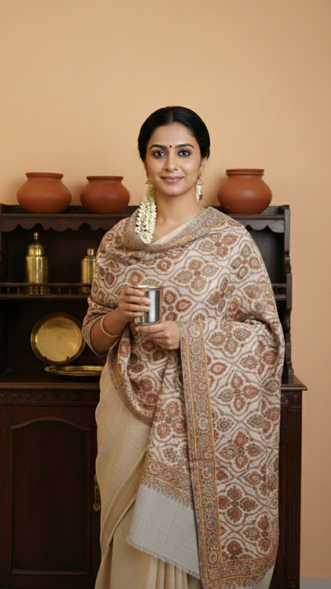 Woman in a patterned shawl holding a cup against a beige wall with decorative vases.