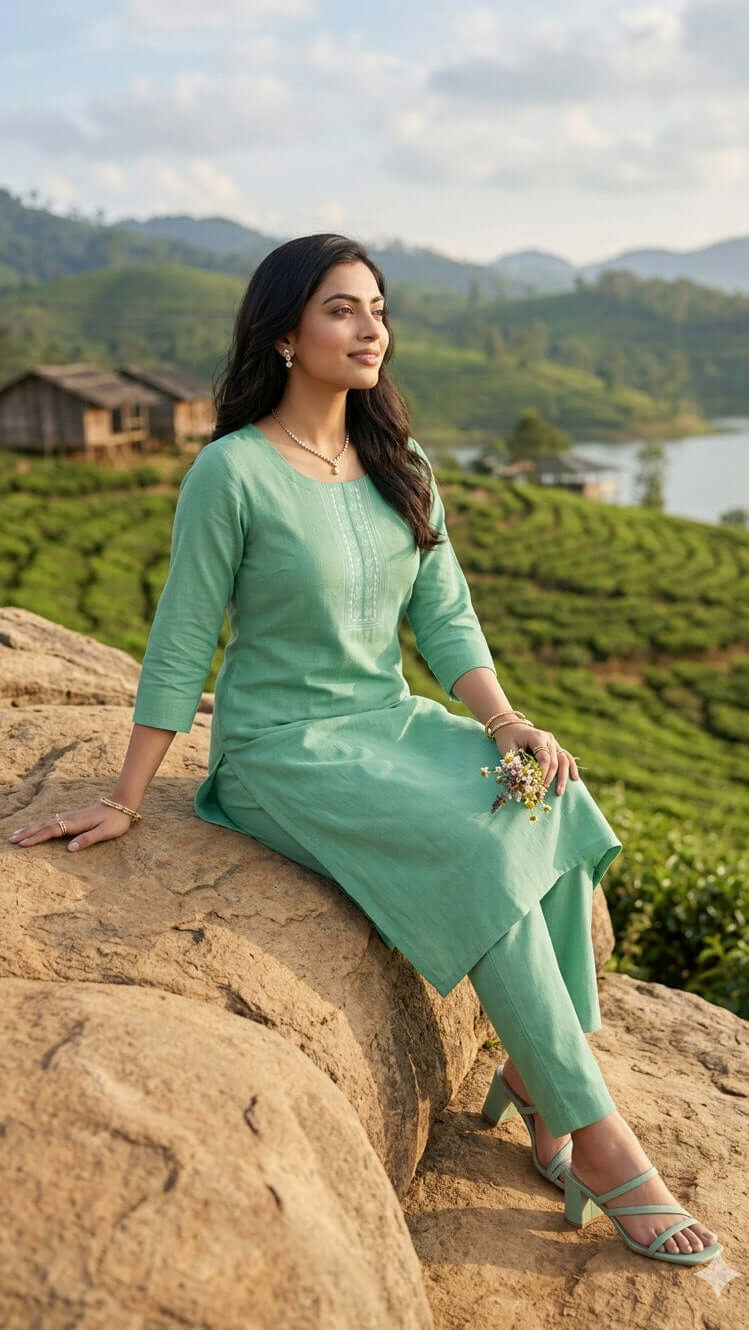 Stylish woman wearing a kurti and pant set in sage green, seated on a rock in a scenic landscape.