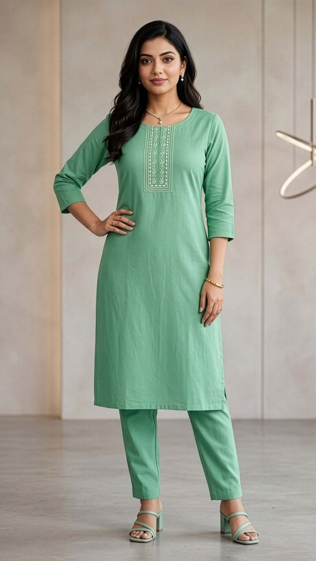 Kurti and Pant Set in sage green, showcasing elegant design by REET by Bunaiganj.