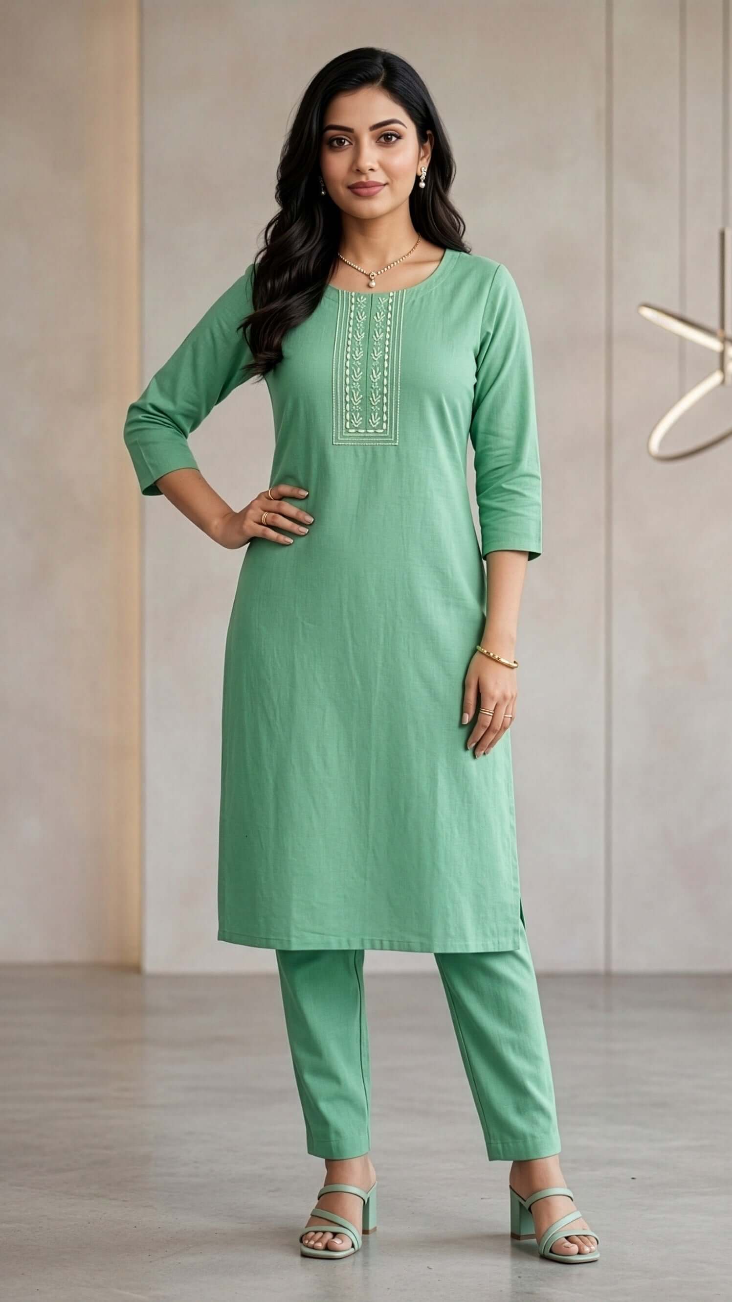 Kurti and Pant Set in sage green, showcasing elegant design by REET by Bunaiganj.