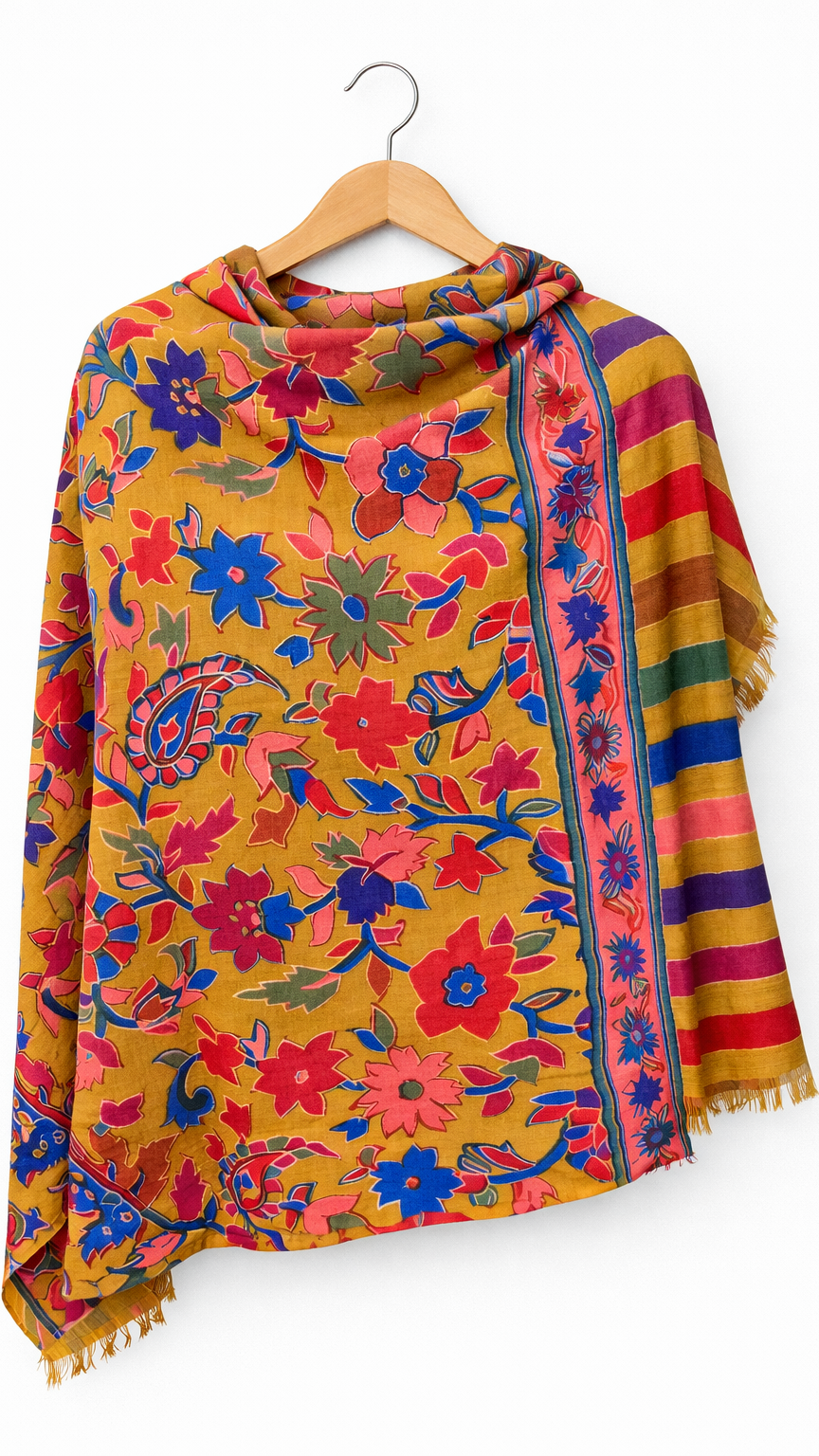 Colorful floral-patterned scarf on a wooden hanger against a white background