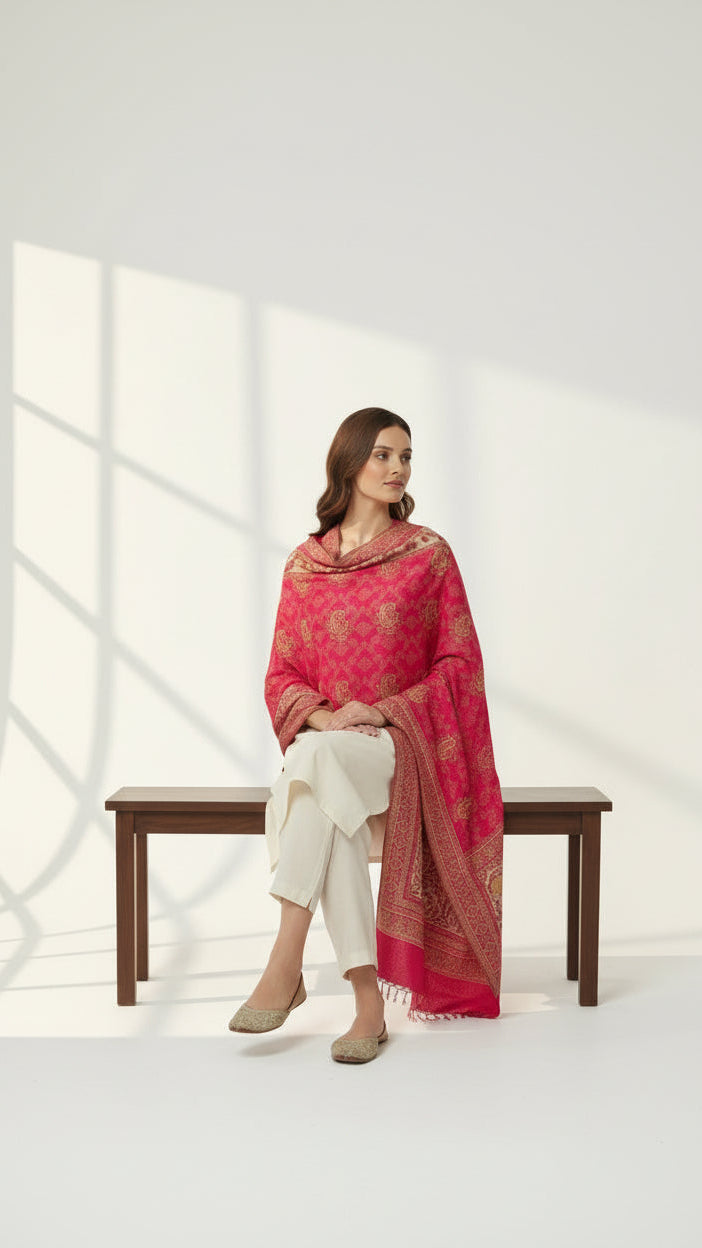 Woman sitting on a bench wearing a red patterned shawl in a bright room.