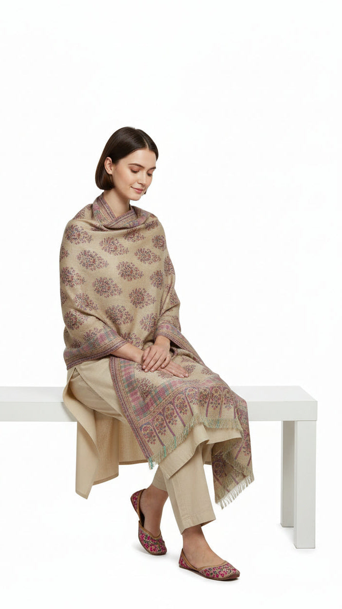 Woman sitting on a bench wearing a patterned shawl and beige pants.