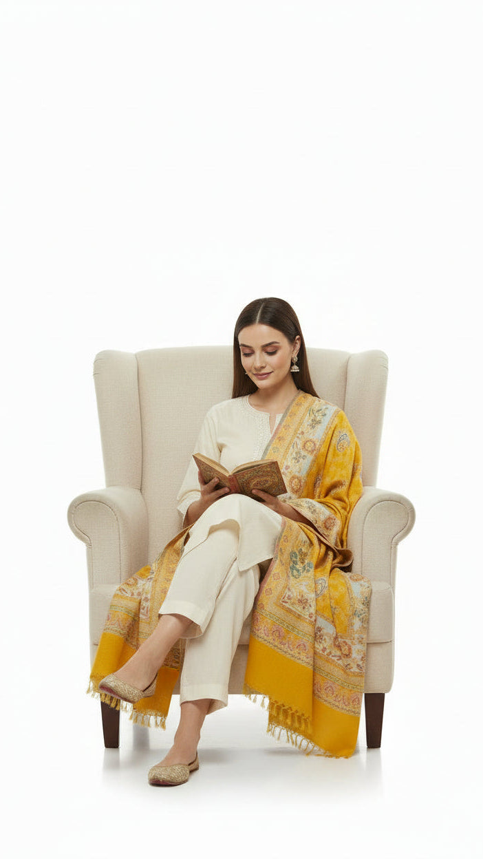 Woman sitting in a chair wearing a yellow and white traditional outfit, holding a book.