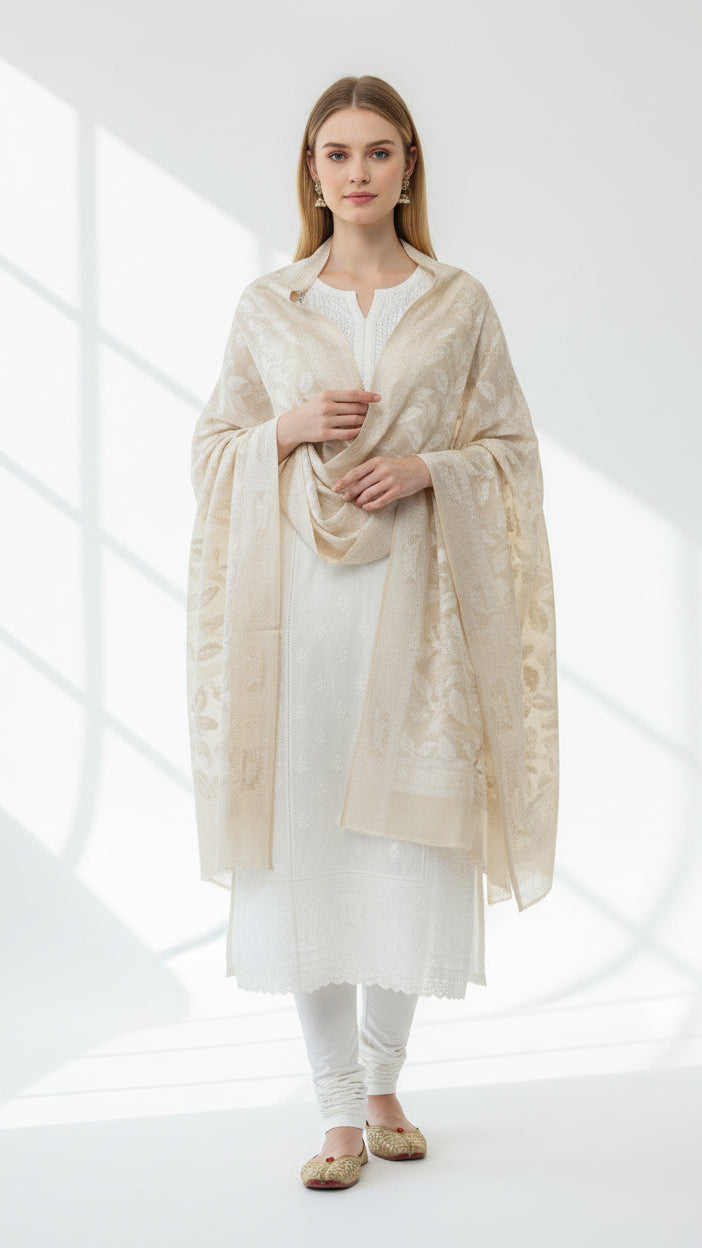 Woman wearing a beige shawl over a white outfit on a white background