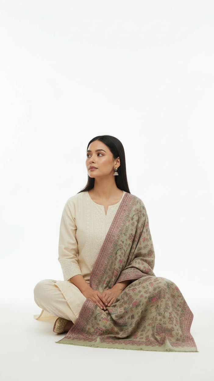 Woman sitting on a white background wearing a traditional outfit with a floral shawl.