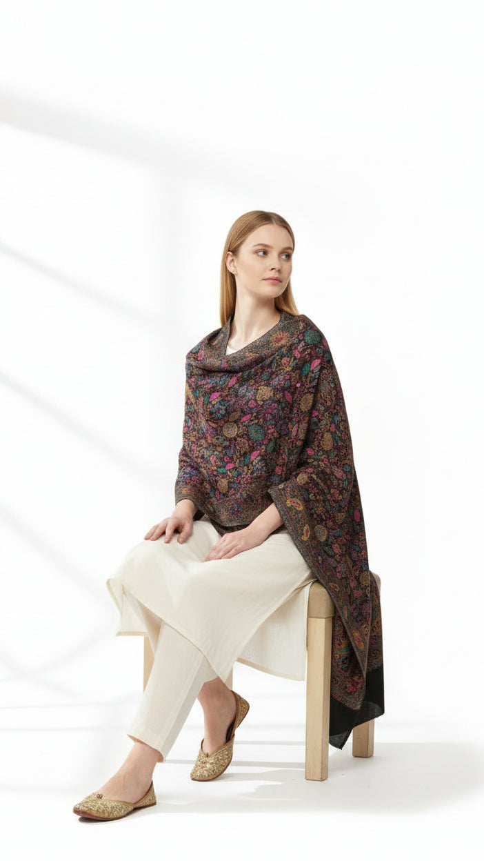 Woman sitting on a chair wearing a patterned shawl over her shoulders against a white background