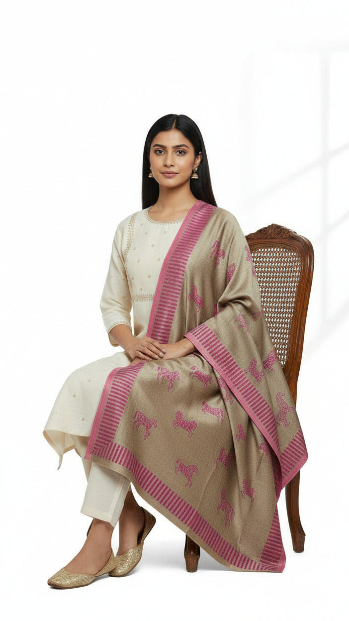 Woman sitting on a chair wearing a beige and pink traditional outfit with a matching dupatta.