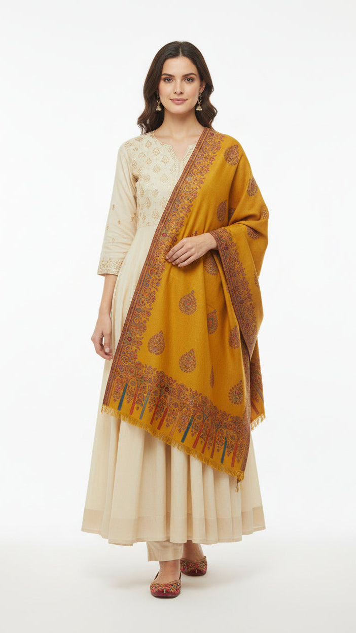 Woman wearing a beige kurta with a mustard yellow dupatta on a white background