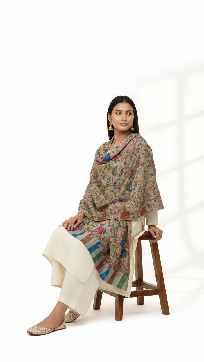 Woman sitting on a stool wearing a floral top and white pants against a white background