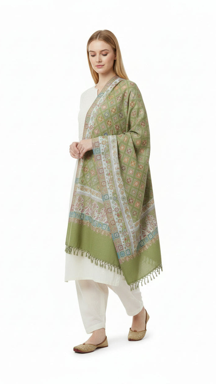 Woman wearing a green patterned shawl over a white outfit on a white background