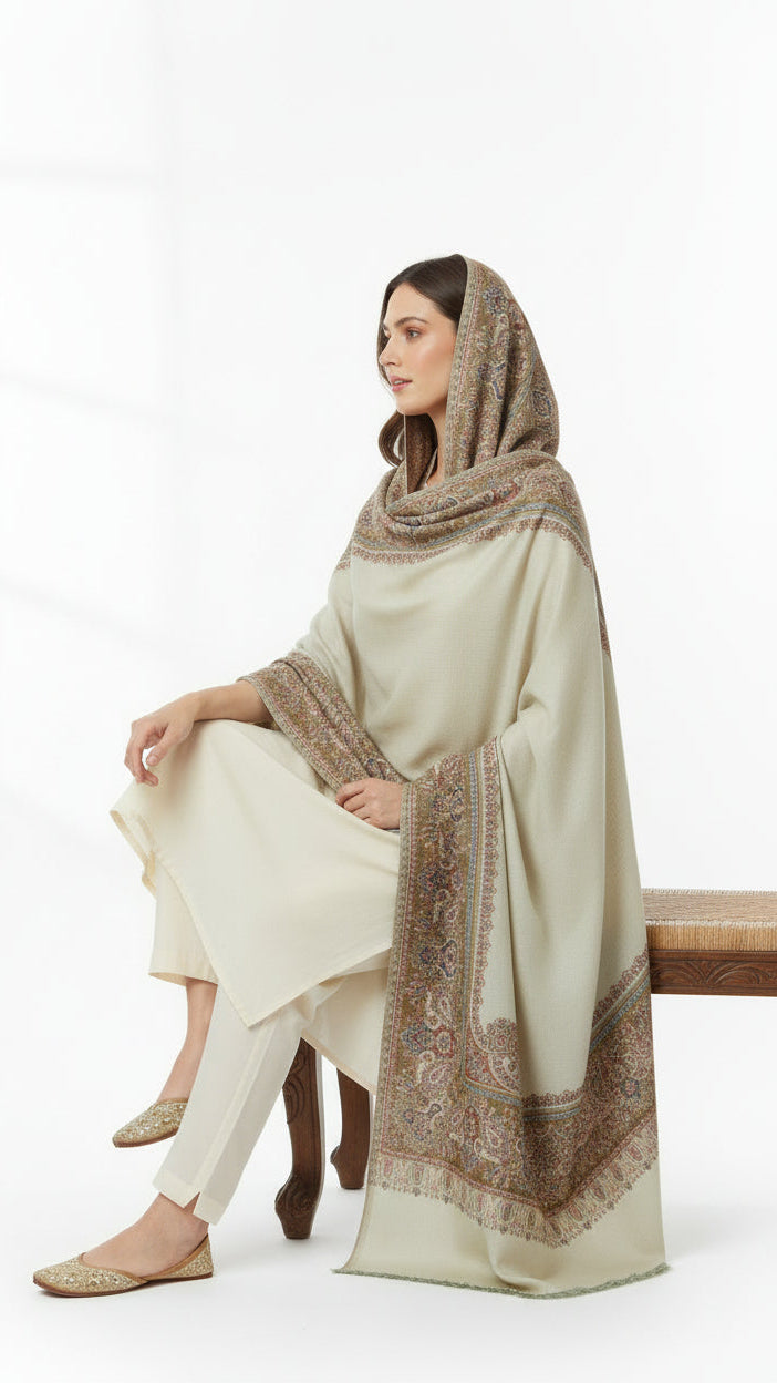 Woman wearing a cream traditional outfit with a patterned shawl sitting on a white background