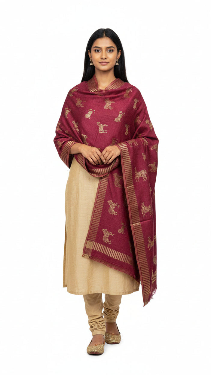 Woman wearing a maroon dupatta with gold patterns on a white background