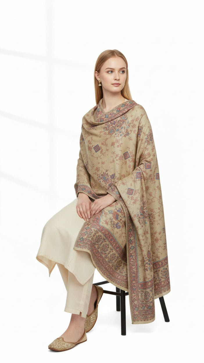 Woman wearing a beige and brown patterned shawl over a cream outfit on a white background