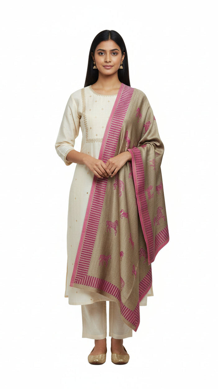 Woman wearing a beige and pink traditional outfit on a white background