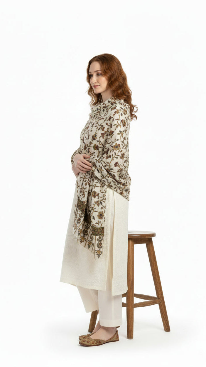Woman wearing a floral dress standing on a stool against a white background
