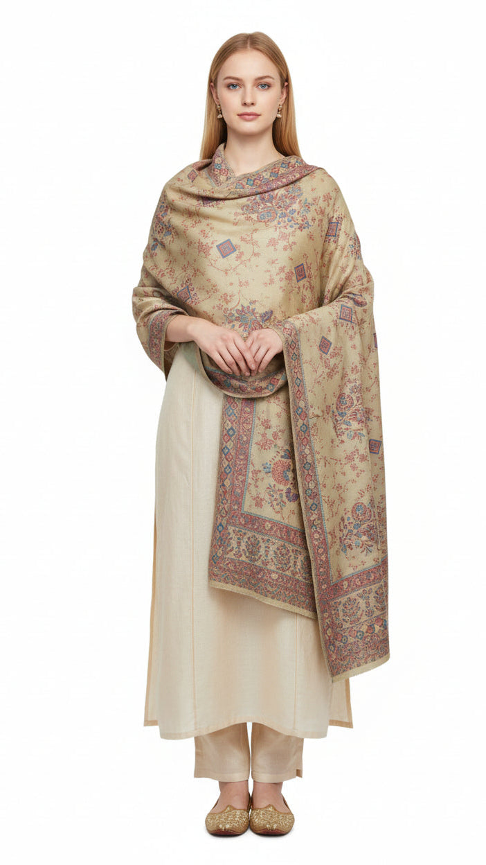 Woman wearing a beige and brown patterned shawl over a white outfit on a white background