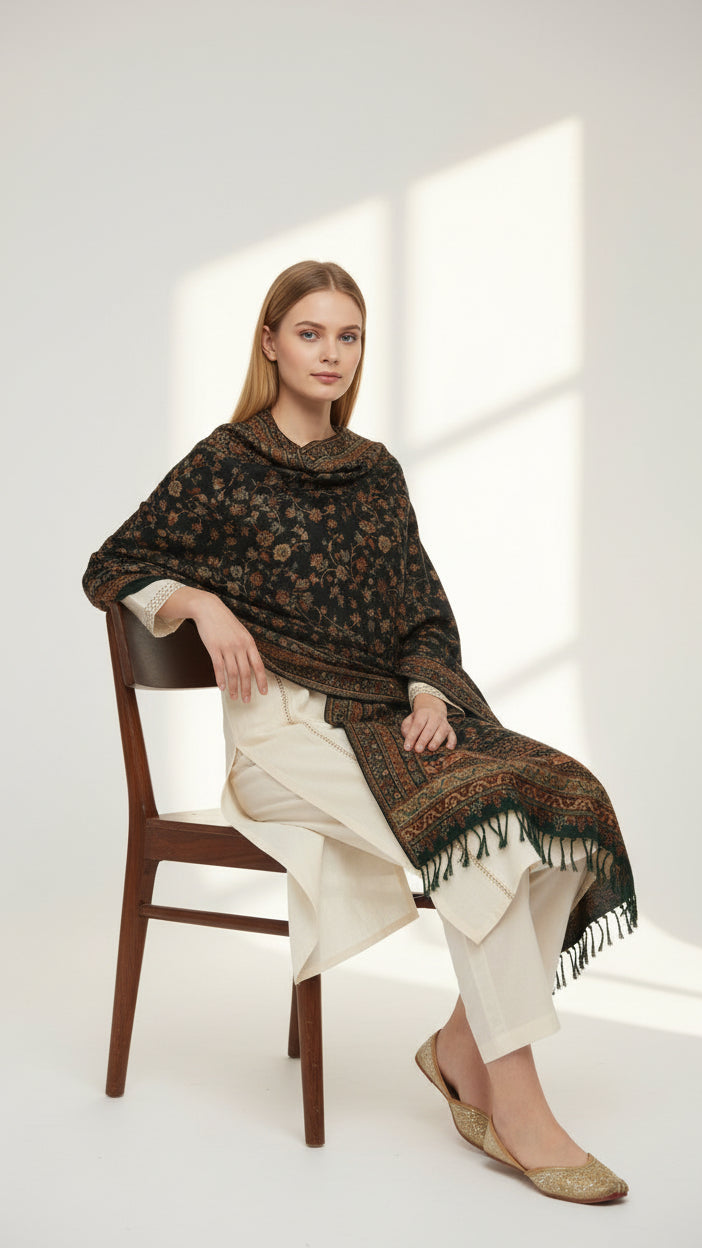 Woman sitting on a chair wearing a patterned shawl in a bright room.