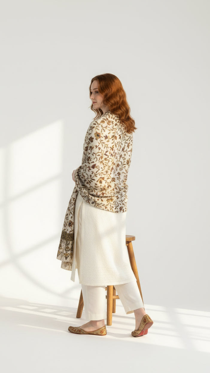 Woman wearing a patterned shawl over a plain outfit on a white background