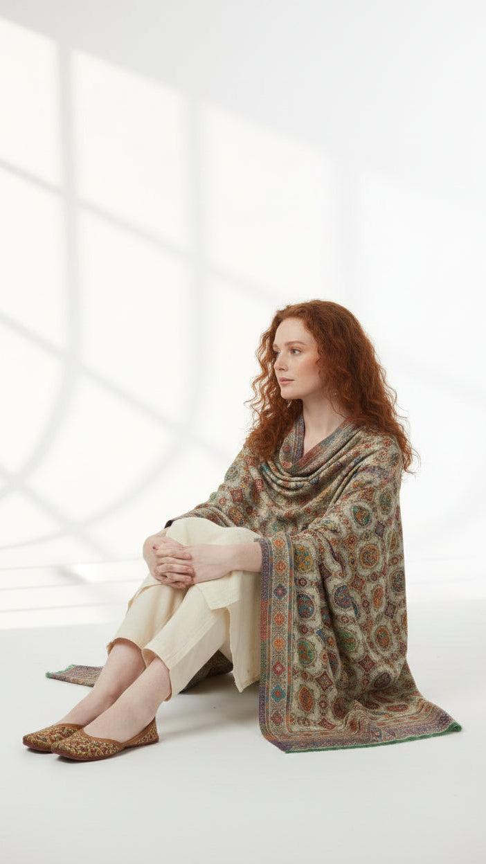 Woman sitting on a white floor with a patterned shawl draped over her shoulders, in a bright room.