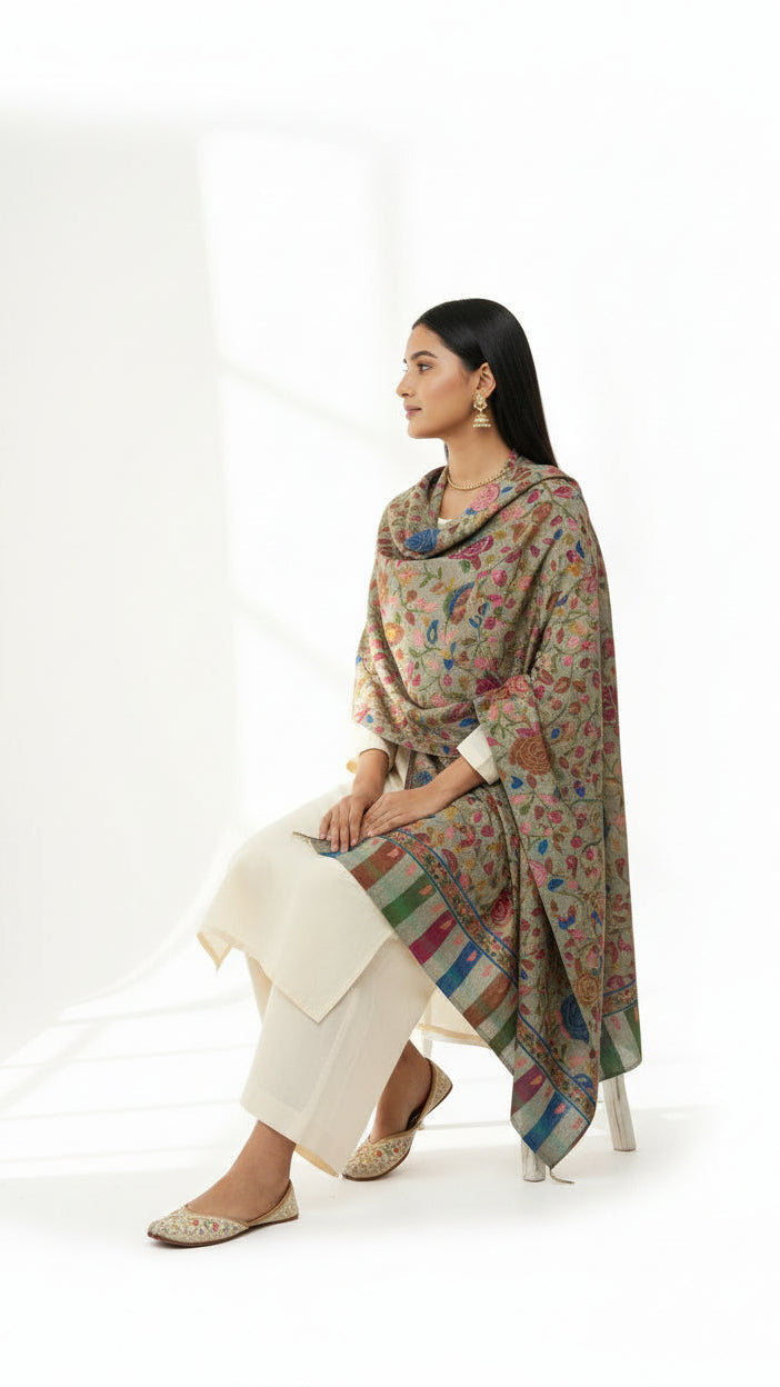 Woman wearing a patterned shawl over a traditional outfit on a white background