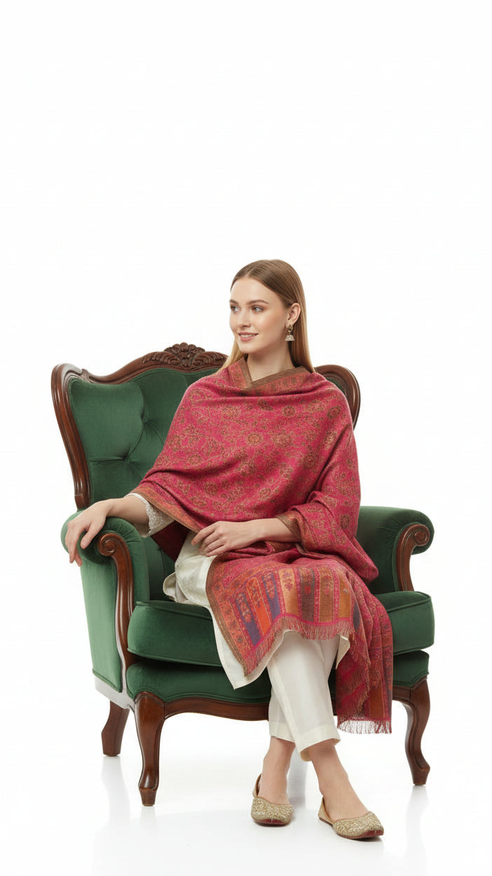 Woman sitting on a green armchair wearing a red patterned shawl against a white background
