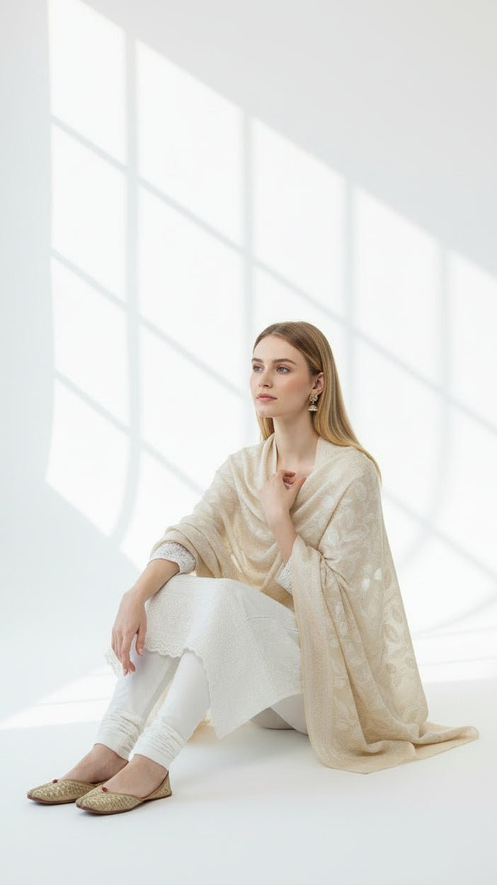 Woman sitting on a white floor wearing a beige shawl and white pants in a bright room.
