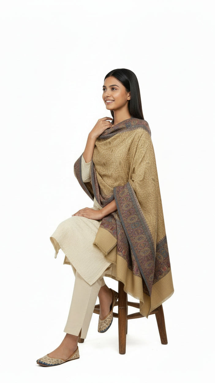 Woman sitting on a stool wearing a beige outfit with a patterned shawl on a white background