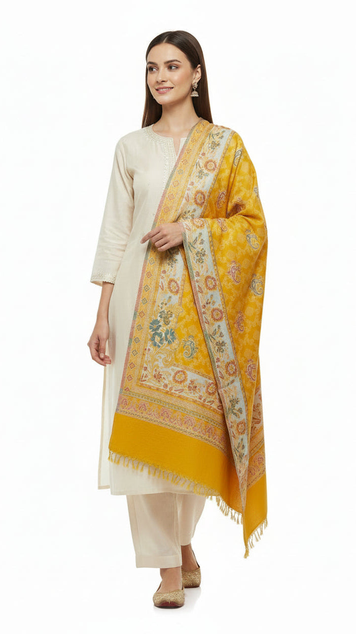 Woman wearing a yellow patterned scarf over a white outfit on a white background