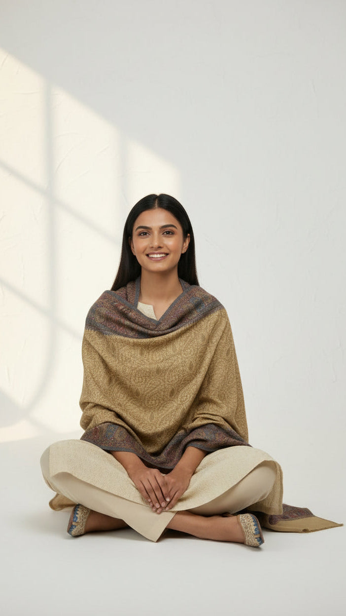 Woman sitting on a white floor wearing a beige and brown shawl in a bright room.