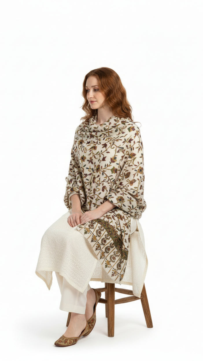 Woman sitting on a chair wearing a patterned shawl over a white outfit on a white background