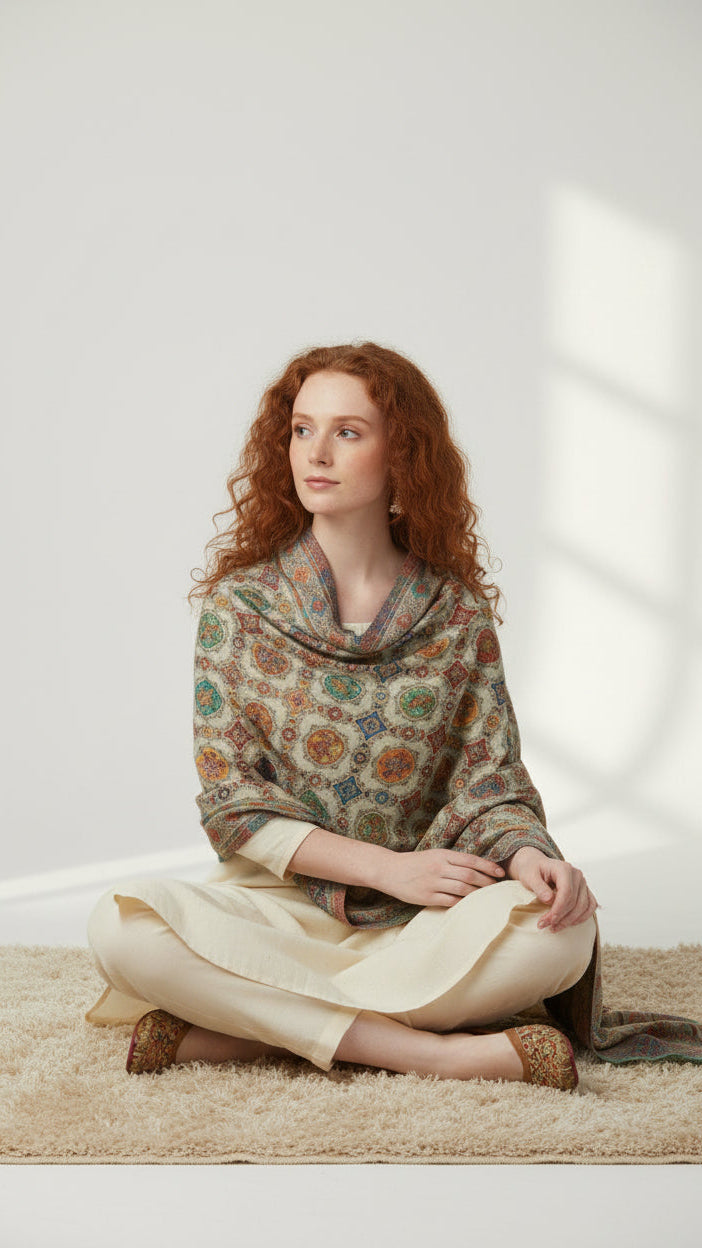 Woman sitting on a rug wearing a patterned shawl and beige pants in a softly lit room.