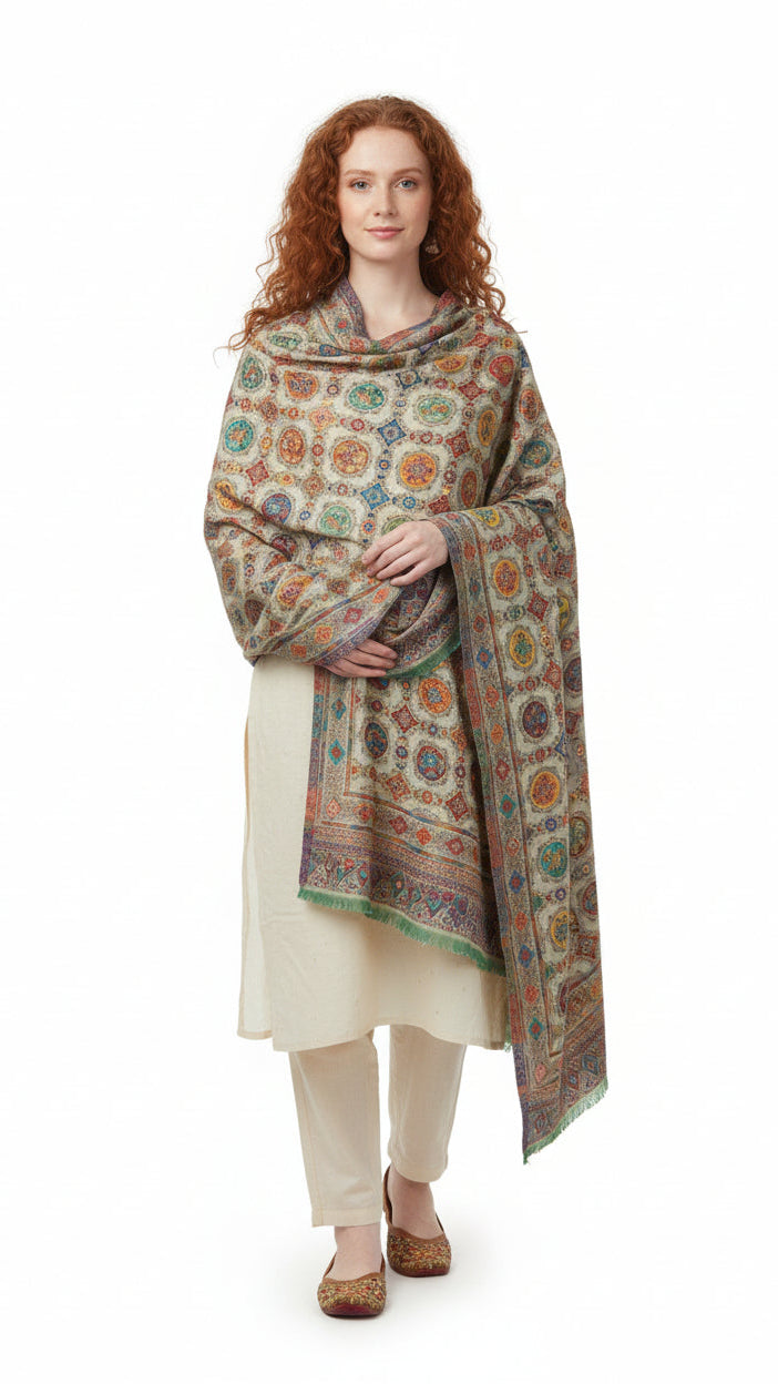 Woman wearing a patterned shawl over a white outfit on a white background