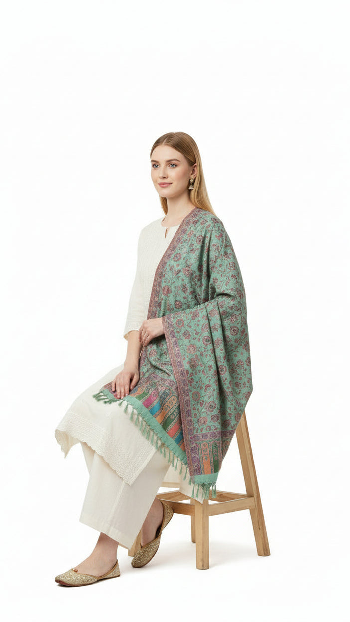 Woman sitting on a stool wearing a green patterned shawl over a white outfit on a white background