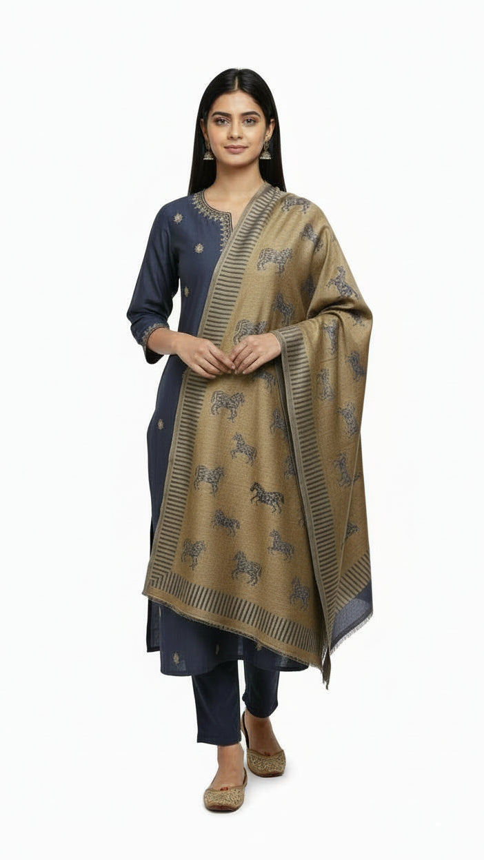 Woman wearing a navy blue kurta with a beige dupatta featuring animal prints on a white background