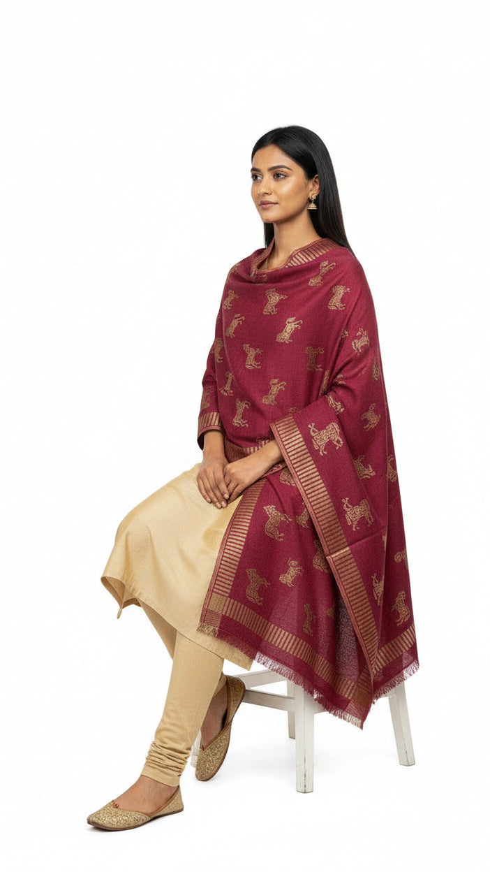 Woman wearing a maroon dupatta with gold patterns on a white background
