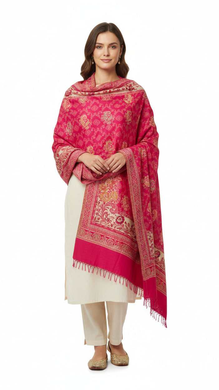 Woman wearing a pink embroidered shawl over a white outfit on a white background